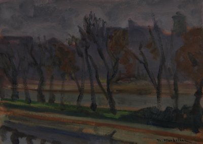 Trees in Sykouana — Oil painting, Fiberboard, 33.00×46.00cm — Theodoros Markellos